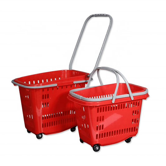 Custom Great Rugged and Durable Large Plastic Trolley Type Shopping Basket with Hollow Grid pull rod